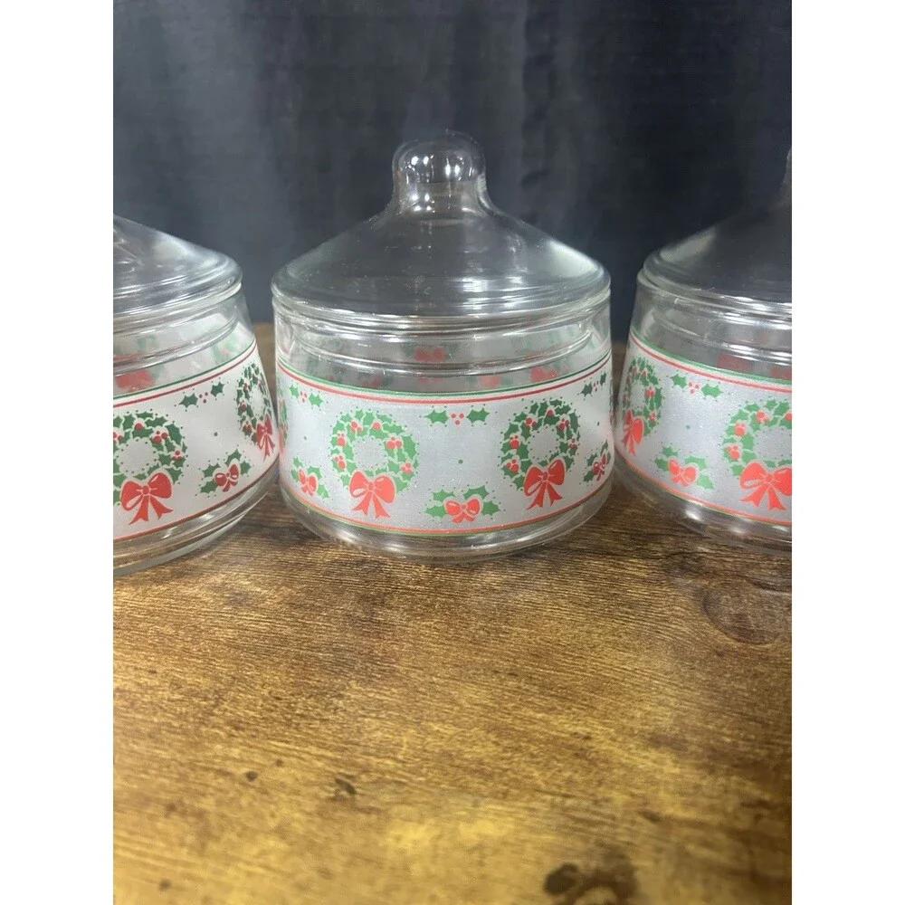 3 Indiana Glass Christmas Gift Jar Candy Nut Clear Glass Lid Wreath Holly Berry